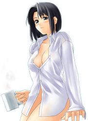 Rule 34 | 00s, 1girl, arm support, black eyes, black hair, breasts, cup, dress shirt, holding, holding cup, maria-sama ga miteru, mizuno youko, open clothes, open shirt, shirt, short hair, simple background, solo, unbuttoned, white background