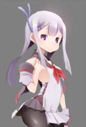 Rule 34 | 1girl, bad id, bad twitter id, black pantyhose, blouse, blush, detached sleeves, grey background, hair ribbon, long hair, looking at viewer, original, pantyhose, purple eyes, purple hair, ribbon, sailor collar, shirt, simple background, sleeveless, solo, standing, uni mate
