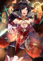 Rule 34 | 1girl, black hair, black pantyhose, boots, breasts, clothing cutout, cowboy shot, earrings, elbow gloves, gloves, highres, horns, jewelry, long hair, navel, navel cutout, pantyhose, retsuna, skirt, solo, sword, thigh boots, thighhighs, tiara, weapon, white footwear, white gloves, white thighhighs