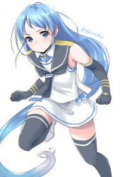 Rule 34 | 1girl, black gloves, black neckwear, black sailor collar, black thighhighs, blue eyes, blue hair, blush, clenched hands, elbow gloves, gloves, highres, kantai collection, long hair, one-hour drawing challenge, sailor collar, samidare (kancolle), school uniform, serafuku, simple background, sleeveless, solo, swept bangs, takomeshi, thighhighs, twitter username, very long hair, white background