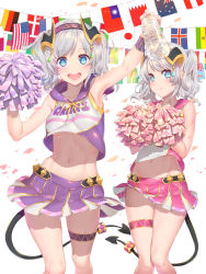 Rule 34 | 2girls, :d, akari (princess connect!), australian flag, blue eyes, blush, bottle, character name, cheerleader, closed mouth, confetti, cowboy shot, flag, grey hair, highres, hood, hoodie, looking at viewer, multiple girls, navel, open mouth, pink skirt, pom pom (cheerleading), princess connect!, purple skirt, short hair, siblings, simple background, sisters, skirt, smile, standing, thighlet, twins, twintails, waterring, white background, yori (princess connect!)