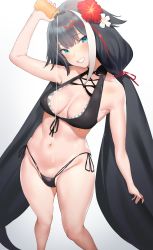 Rule 34 | 1girl, arm up, azur lane, bikini, black bikini, black hair, black nails, blue eyes, blush, bottle, breasts, collarbone, commentary request, deutschland (azur lane), deutschland (service time?!) (azur lane), flower, front-tie top, gradient background, hair flower, hair ornament, head tilt, highleg, highleg bikini, highres, holding, holding bottle, legs apart, long hair, looking at viewer, lotion, lotion bottle, low twintails, medium breasts, mole, mole on body, multicolored hair, nail polish, navel, nekoshoko, parted lips, red flower, red hair, sexually suggestive, side-tie bikini bottom, simple background, smile, solo, standing, stomach, streaked hair, swimsuit, teeth, twintails, very long hair, white background, white flower, white hair