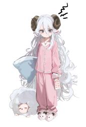 Rule 34 | 1girl, absurdres, animal, animal ears, animal slippers, bags under eyes, blue eyes, curled horns, full body, hair between eyes, highres, holding, holding pillow, horns, long hair, long sleeves, looking at viewer, original, pajamas, paper, pillow, pink pajamas, setakman, sheep, sheep ears, sheep girl, sheep horns, sheep slippers, simple background, sleeves past wrists, slippers, solo, very long hair, white background, white hair