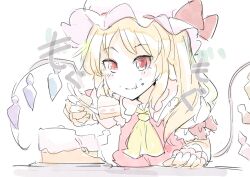 Rule 34 | 1girl, ascot, blonde hair, blush, cake, chewing, commentary, eating, fang, flandre scarlet, food, food on face, fork, hand on table, hat, highres, holding, holding fork, long hair, looking at viewer, mob cap, puffy short sleeves, puffy sleeves, red eyes, short sleeves, simple background, sinzan, solo, touhou, translated, upper body, white background, white hat, wings, yellow ascot