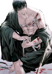 Rule 34 | 1boy, abs, absurdres, bandages, black eyes, black hair, black kimono, blood, collarbone, crossed legs, full body, fushiguro touji, highres, japanese clothes, jujutsu kaisen, kimono, long sleeves, looking down, male focus, muscular, muscular male, scar, scar on face, short hair, simple background, sitting, solo, topless male, weapon, white background, yoon (dmsco1803)