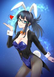 Rule 34 | 1girl, animal ears, black jacket, blowing kiss, blue background, blue eyes, blue leotard, bow, bowtie, breasts, cleavage, coattails, commentary request, covered erect nipples, cowboy shot, detached collar, fishnet pantyhose, fishnets, glasses, granblue fantasy, highleg, highleg leotard, highres, illnott (granblue fantasy), jacket, leotard, long hair, medium breasts, orange bow, orange bowtie, pantyhose, playboy bunny, ponytail, rabbit ears, rabbit tail, side-tie leotard, solo, strapless, strapless leotard, tail, wangxiang qingnian, wrist cuffs