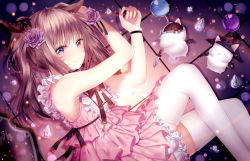 Rule 34 | 1girl, animal ears, breasts, cat ears, cat tail, closed mouth, dress, facial mark, final fantasy, final fantasy xiv, flower, hair flower, hair ornament, highres, junpaku karen, light particles, long hair, looking at viewer, lying, on side, pink dress, purple eyes, sleeveless, sleeveless dress, small breasts, smile, solo, tail, thighhighs, white thighhighs