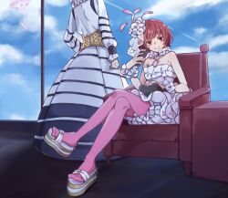 Rule 34 | 3girls, airborne, armchair, balloon, blue sky, box, chair, closed mouth, cloud, collar, corset, crossed legs, detached collar, dion fortune, dress, elizard, flower, frilled collar, frilled dress, frills, hair flower, hair ornament, highres, holding, holding box, karasuma fran, legs, long dress, looking at viewer, multiple girls, nanaheibei 3, on chair, one way sign, pantyhose, pink pantyhose, red eyes, red hair, sandals, short hair, sitting, sky, sleeveless, sleeveless dress, smile, strapless, strapless dress, toaru majutsu no index, toaru majutsu no index: new testament, toes, white dress, white flower, white veil