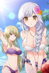 Rule 34 | 2girls, :o, arm at side, arm behind head, arm up, armpits, artist name, assault lily, bare arms, bare shoulders, bikini, black bikini, blonde hair, blue sky, blunt bangs, blurry, blurry background, blurry foreground, bracelet, braid, braided ponytail, breasts, cleavage, cliff, closed mouth, cloud, collarbone, commentary request, commission, cowboy shot, day, floral print, flower, frilled bikini, frills, grey hair, groin, hair flower, hair ornament, hair over shoulder, halterneck, highres, horizon, jewelry, kon kanaho, large breasts, leaning forward, lens flare, light blush, light particles, long hair, looking at another, looking at viewer, mismatched bikini, miyagawa takane, multiple girls, navel, necklace, o-ring, o-ring bikini, ocean, official alternate costume, official alternate hairstyle, orange flower, outdoors, palm tree, parted lips, pendant, pink flower, print bikini, purple bikini, purple eyes, red flower, sakura tsubame, side-tie bikini bottom, single braid, skeb commission, sky, smile, standing, stomach, sunlight, swimsuit, thigh gap, tree, v arms, very long hair, white bikini, yellow eyes