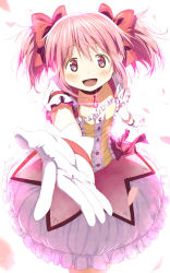 Rule 34 | 10s, 1girl, 4b-enpitsu, :d, blush, bow, bubble skirt, cherry blossoms, choker, gloves, hair bow, kaname madoka, looking at viewer, magical girl, mahou shoujo madoka magica, mahou shoujo madoka magica (anime), open mouth, outstretched arm, petals, pink eyes, pink hair, short hair, short twintails, simple background, skirt, smile, solo, twintails, white background, white gloves