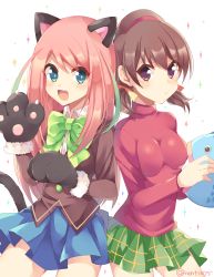 Rule 34 | &gt;:), + +, 10s, 2girls, :3, ahoge, animal, animal ears, animal hands, aqua eyes, blue skirt, bow, brown eyes, brown hair, cat ears, cat paws, cat tail, fang, fish, green bow, green hair, green skirt, hairband, hashimoto nyaa, holding, holding animal, holding fish, long hair, long sleeves, looking at viewer, low twintails, multicolored hair, multiple girls, open mouth, orange ribbon, osomatsu-san, paw pose, pink hair, plaid, plaid skirt, pleated skirt, pout, red hairband, red shirt, rento (rukeai), ribbon, shirt, short hair, skirt, smile, sparkle, sparkle background, tail, twintails, v-shaped eyebrows, yowai totoko