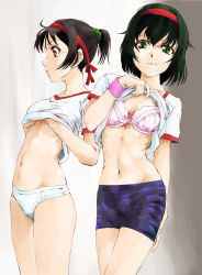 Rule 34 | 2girls, :o, arm behind back, bike shorts, black hair, bow, bow bra, bra, breasts, closed mouth, clothes lift, commentary request, cowboy shot, frilled bra, frills, green eyes, gym shirt, gym uniform, headband, highres, lifting own clothes, looking at viewer, marutaya, multiple girls, navel, no pants, original, panties, parted lips, pink bra, red eyes, red headband, ribs, shirt, shirt lift, short hair, short ponytail, short sleeves, small breasts, smile, standing, thighs, underwear, white panties, white shirt