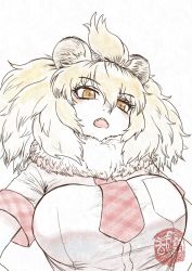 Rule 34 | 1girl, animal ears, artist logo, big hair, blonde hair, breast pocket, breasts, brown eyes, fangs, fur collar, hair between eyes, kemono friends, kishida shiki, large breasts, lion (kemono friends), lion ears, multicolored hair, muted color, necktie, open mouth, plaid necktie, plaid sleeves, plaid trim, pocket, shirt, short sleeves, simple background, solo, taut clothes, taut shirt, upper body, white background, white hair, white shirt