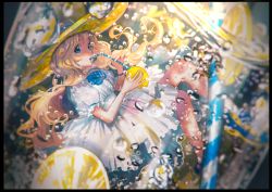 Rule 34 | 1girl, air bubble, black border, blonde hair, blue footwear, blue ribbon, border, bubble, commentary request, cup, dress, drink, drinking, drinking straw, food, fruit, hat, highres, holding, holding food, holding fruit, in container, in cup, lemon, lemon slice, long hair, looking at viewer, original, oversized object, pine (yellowpine112), puffy short sleeves, puffy sleeves, ribbon, shoes, short sleeves, sneakers, solo, submerged, white dress
