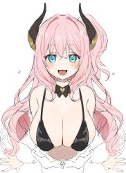 Rule 34 | 1girl, :d, bikini, black bikini, black bow, black bowtie, blush, bow, bowtie, breasts, cleavage, collarbone, curled horns, detached collar, highres, horns, large breasts, looking at viewer, one side up, open mouth, pink hair, princess connect!, sideboob, simple background, sketch, smile, solo, suzuna (princess connect!), swimsuit, upper body, wavy hair, yupi (yuyupiko01)