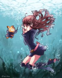 Rule 34 | 1girl, 75, belt, black dress, blue footwear, boots, brown eyes, brown hair, covering own mouth, dress, floating hair, highres, hood, hood down, hooded dress, kagari atsuko, little witch academia, long hair, long sleeves, short dress, solo, thigh boots, thighhighs, underwater