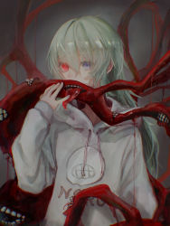 Rule 34 | alternate costume, arm at side, blue eyes, commentary request, eto (tokyo ghoul), gradient background, green hair, hand up, heterochromia, highres, hood, hood down, kagune (tokyo ghoul), long hair, long sleeves, noro (tokyo ghoul), red eyes, solo, straw like, teeth, tentacles, tokyo ghoul, tongue, tongue out, upper body