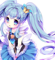 Rule 34 | 10s, 1girl, bad id, bad pixiv id, blue eyes, blue hair, blue skirt, blush, bow, brooch, crown, cure princess, cure princess (sherbet ballet), earrings, hair bow, happinesscharge precure!, heart, heart brooch, jewelry, long hair, magical girl, matching hair/eyes, mini crown, morino peko, open mouth, precure, shirayuki hime, simple background, skirt, solo, twintails, white background, wrist cuffs