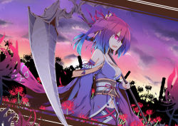 Rule 34 | 1girl, alternate hairstyle, alternate weapon, bare shoulders, breasts, cleavage, detached sleeves, dutch angle, embellished costume, female focus, flower, hair ornament, highres, ichiyan, japanese clothes, large breasts, obi, onozuka komachi, ponytail, red eyes, red hair, sash, scythe, short hair, solo, sunset, touhou, weapon