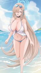 Rule 34 | 1girl, absurdres, asuna (blue archive), babydoll, bare shoulders, beach, bikini, blue archive, blue bikini, blue eyes, blue ribbon, blue sky, blush, breasts, choker, cleavage, collarbone, commentary, hair over one eye, hair ribbon, halo, highres, large breasts, light brown hair, long hair, looking at viewer, mole, mole on breast, navel, open mouth, ribbon, shore, sky, smile, solo, swimsuit, thighs, vanko (vank0a), very long hair