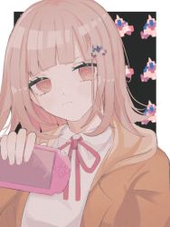 Rule 34 | 1girl, blunt bangs, blush, brown eyes, brown jacket, collared shirt, commentary request, danganronpa (series), danganronpa 3 (anime), frown, hair ornament, handheld game console, holding, holding handheld game console, hope&#039;s peak academy school uniform, jacket, light brown hair, long sleeves, looking at viewer, nanami chiaki, neck ribbon, open clothes, open jacket, playstation portable, red ribbon, ribbon, school uniform, seunohala, shirt, solo, spaceship hair ornament, upper body, white shirt