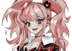 Rule 34 | 1girl, bad id, bad twitter id, bear hair ornament, black bra, black choker, black shirt, blush, bow, bra, breasts, choker, cleavage, collarbone, commentary request, danganronpa: trigger happy havoc, danganronpa (series), enoshima junko, fangs, hair ornament, long hair, looking at viewer, medium breasts, necktie, open mouth, pink hair, red bow, seeshin see, shirt, simple background, smile, solo, translation request, twintails, underwear, upper body, white background
