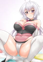 Rule 34 | 1girl, ahoge, blush, breasts, covered navel, gloves, highleg, highleg leotard, large breasts, leotard, light purple hair, long hair, looking at viewer, low twintails, mat, pink leotard, purple eyes, r-binon, senki zesshou symphogear, shiny skin, solo, spread legs, squatting, sweat, thighhighs, twintails, twister, white thighhighs, yukine chris