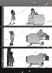 Rule 34 | 1boy, 2girls, artist name, bald, camera, cancer (disease), comic, couch, death, dying, father and daughter, greyscale, inma, laughing, lying, monochrome, mother and daughter, multiple girls, original, sick, silent comic, smile