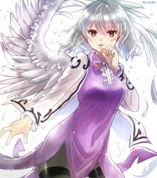 Rule 34 | 1girl, angel wings, bow, bowtie, breasts, brooch, contrapposto, cowboy shot, dress, feathered wings, grey hair, hair between eyes, hajike akira, highres, jacket, jewelry, kishin sagume, large breasts, long sleeves, looking at viewer, medium hair, one-hour drawing challenge, pantyhose, purple dress, red bow, red bowtie, short hair, single wing, solo, touhou, white wings, wings