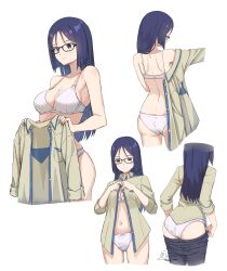 Rule 34 | 1girl, absurdres, alice gear aegis, as4gi, ass, back, bare shoulders, black-framed eyewear, black hair, black pants, bra, breasts, brown shirt, cleavage, closed mouth, collarbone, cropped legs, dressing, glasses, gluteal fold, highres, holding, holding clothes, holding shirt, large breasts, long hair, momoshina fumika, multiple views, navel, open clothes, open shirt, panties, pants, parted bangs, purple eyes, shirt, signature, simple background, smile, unbuttoned, underwear, underwear only, white background, white bra, white panties