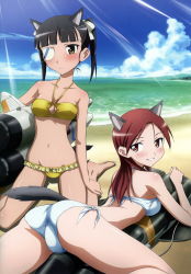 Rule 34 | 2girls, absurdres, alternate hairstyle, animal ears, ass, barefoot, beach, bikini, black hair, blue sky, blush, breasts, cameltoe, cleavage, cloud, day, eyepatch, feet, from behind, highres, kaidou hiroyuki, light rays, long hair, looking at viewer, looking back, lying, mc axis, medium breasts, minna-dietlinde wilcke, multiple girls, navel, ocean, official art, outdoors, red eyes, red hair, sakamoto mio, shiny skin, side-tie bikini bottom, sky, straddling, strike witches, striker unit, sunbeam, sunlight, swimsuit, tail, twintails, water, white bikini, world witches series, yellow bikini, yellow eyes