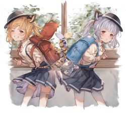 Rule 34 | 2girls, alternate costume, animal ears, ayacho, backpack, bag, bag charm, blonde hair, blue skirt, blush, charm (object), cindala (granblue fantasy), collared shirt, commentary request, crime prevention buzzer, frilled skirt, frills, granblue fantasy, grey hair, highres, holding strap, huang (granblue fantasy), intertwined tails, leaning forward, looking at viewer, medium hair, multiple girls, neck ribbon, one eye closed, over-kneehighs, pai (granblue fantasy), pantyhose, parted lips, pleated skirt, randoseru, red ribbon, ribbon, shirt, shirt tucked in, skirt, suspender skirt, suspenders, tail, teeth, thighhighs, tiger ears, tiger tail, twintails, white legwear, white shirt, window, yellow eyes
