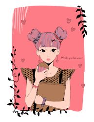 Rule 34 | 1girl, black eyes, blunt bangs, border, bracelet, brown dress, collarbone, double bun, dress, earrings, english text, food, hair bun, hair ornament, hair scrunchie, heart, heart earrings, heart hair bun, highres, holding, holding food, jewelry, lips, looking at viewer, muffin, plant, scrunchie, sleeveless, sleeveless dress, smile, solo, text focus, thatrin, vines, white border, x hair ornament