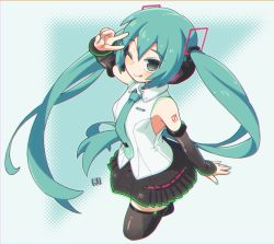 Rule 34 | 1girl, ;q, arm up, bare shoulders, black skirt, black sleeves, black thighhighs, blue nails, blush, closed mouth, detached sleeves, green eyes, green hair, green necktie, hatsune miku, hatsune miku (vocaloid4), long hair, long sleeves, mawaru (mawaru), nail polish, necktie, one eye closed, pleated skirt, skirt, sleeves past wrists, smile, solo, thighhighs, tie clip, tongue, tongue out, twintails, v, very long hair, vocaloid