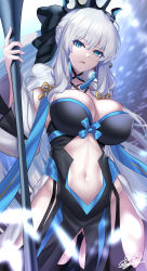 Rule 34 | 1girl, absurdres, black bow, black dress, black thighhighs, blue eyes, bow, braid, breasts, center opening, cleavage, dress, fate/grand order, fate (series), french braid, grey hair, hair bow, highres, large breasts, long hair, long sleeves, looking at viewer, morgan le fay (fate), nez-box, parted lips, pelvic curtain, ponytail, sidelocks, solo, staff, thighhighs, thighs, two-tone dress, very long hair, white dress, wide sleeves