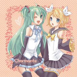 Rule 34 | 2girls, :o, ;d, alternate hairstyle, aqua eyes, aqua hair, blonde hair, detached sleeves, elbow gloves, gloves, hair ribbon, hatsune miku, kagamine rin, long hair, multiple girls, one eye closed, open mouth, ribbon, short hair, short twintails, skirt, smile, thighhighs, twintails, two side up, vocaloid, wink, yayoi (egoistic realism), zettai ryouiki
