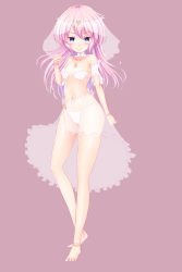 Rule 34 | 1girl, anklet, arm up, bad id, bad pixiv id, barefoot, bikini, blue eyes, bracelet, breasts, dancer, feet, highres, jewelry, koromia, legs, long hair, navel, original, pink hair, purple background, sarong, see-through, simple background, small breasts, smile, solo, swimsuit, thighs, toes, veil, white bikini