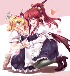 Rule 34 | 2girls, :d, alice margatroid, alternate costume, alternate hairstyle, anger vein, asymmetrical docking, bat wings, blonde hair, blush, breast press, breasts, enmaided, fang, fumitsuki (minaduki 6), green eyes, hairband, holding hands, head wings, heart, highres, kneeling, koakuma, large breasts, long hair, low wings, maid, medium breasts, multiple girls, open mouth, pantyhose, pointy ears, ponytail, red eyes, red hair, revision, short hair, smile, spoken heart, touhou, uneven eyes, wings