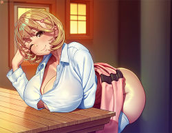 Rule 34 | 1girl, bent over, blonde hair, blush, breast rest, breasts, brown eyes, bursting breasts, cleavage, clothes lift, hair ornament, heart, heart hair ornament, huge breasts, leaning forward, looking at viewer, narusawa ryouka, nikichen, occultic;nine, one eye closed, short hair, skirt, skirt lift, smile, solo, standing, wink