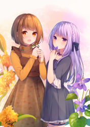 Rule 34 | 2girls, :d, azu torako, banned artist, black bow, black choker, black dress, bow, braid, brown dress, brown eyes, brown flower, brown hair, brown shirt, choker, closed mouth, commentary, dress, floral print, flower, hair bow, holding, holding flower, long hair, long sleeves, looking at viewer, multiple girls, open mouth, original, print dress, purple eyes, purple flower, purple hair, shirt, short hair, short sleeves, sleeveless, sleeveless dress, smile, symbol-only commentary, very long hair