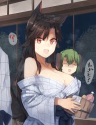 Rule 34 | 2girls, ?, anger vein, animal ears, bad id, bad pixiv id, bare shoulders, bathrobe, blush, breast envy, breasts, brown hair, bucket, cleavage, commentary request, fang, green hair, highres, imaizumi kagerou, indoors, kasodani kyouko, large breasts, long hair, long sleeves, multiple girls, night, night sky, off shoulder, open mouth, parted bangs, red eyes, robe, sky, smile, soap bottle, spoken question mark, suminagashi, tail, touhou, towel, underwear, wide sleeves, wolf ears, wolf tail, wooden bucket