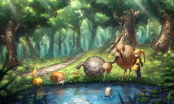 Rule 34 | 1girl, belt, black shirt, blonde hair, boots, brown belt, caterpie, champi, commentary request, creatures (company), day, doduo, flower, forest, game freak, gen 1 pokemon, grass, graveler, hair tie, highres, light rays, lily pad, long hair, nature, nintendo, omanyte, orange flower, outdoors, pants, path, pikachu, pokemon, pokemon (creature), pokemon adventures, pond, ponytail, purple footwear, raticate, road, shirt, standing, tree, tunic, water, yellow (pokemon)