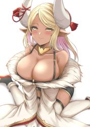 Rule 34 | 1girl, absurdres, blonde hair, blush, breasts, cleavage, colored inner hair, dark-skinned female, dark skin, draph, gloves, granblue fantasy, highres, horn ornament, horn ribbon, horns, kumbhira (granblue fantasy), kurakura s3, large breasts, long hair, multicolored hair, off-shoulder jacket, off shoulder, parted bangs, pink hair, pointy ears, ribbon, shorts, simple background, sitting, smile, solo, thighhighs, wariza, white background, white gloves, white thighhighs, wide sleeves, yellow eyes