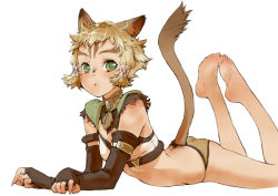 Rule 34 | 00s, 1girl, :&lt;, animal ears, ass, barefoot, blonde hair, branch (blackrabbits), cat ears, cat girl, cat tail, crop top, elbow gloves, face, facial mark, feet, final fantasy, final fantasy xi, fingerless gloves, gloves, green eyes, legs up, lying, messy hair, mithra (ff11), on stomach, panties, petite, short hair, solo, tail, the pose, underwear