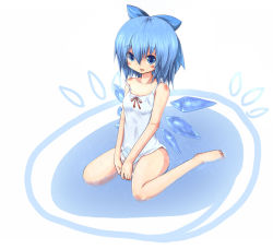 Rule 34 | 1girl, aokichi, bad id, bad pixiv id, bare shoulders, barefoot, blue eyes, blue hair, blush, bow, camisole, cirno, artistic error, female focus, full body, gradient background, hair bow, ice, matching hair/eyes, phantasmagoria of flower view, short hair, sitting, solo, strap slip, touhou, wariza, water, white background, wings