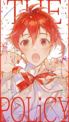 Rule 34 | 1boy, blush, border, bow, chaco stool, highres, idolish7, long sleeves, looking at viewer, male focus, nail polish, nanase riku, open mouth, red border, red bow, red eyes, red hair, shirt, short hair, solo, song name, white background, white shirt