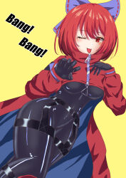 Rule 34 | 1girl, adapted costume, akatsuki records, black bodysuit, black gloves, bodysuit, bow, english text, gloves, hair bow, highres, latex, latex bodysuit, latex gloves, latex suit, long sleeves, looking at viewer, mizunisabano, one eye closed, purple bow, red eyes, red hair, rock &#039;n&#039; rock &#039;n&#039; beat, sekibanki, simple background, solo, tongue, tongue out, touhou, yellow background, zipper