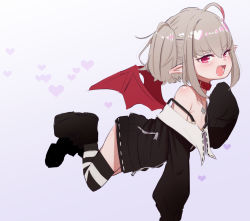 Rule 34 | 1girl, absurdres, bare shoulders, black footwear, black jacket, boots, collar, demon wings, fang, full body, gradient background, grey hair, hair between eyes, hand up, heart, highres, jacket, long sleeves, makaino ririmu, multicolored hair, nijisanji, open mouth, pointy ears, purple background, red collar, red eyes, red hair, red wings, sidelocks, sleeves past fingers, sleeves past wrists, solo, streaked hair, striped clothes, striped thighhighs, thighhighs, thighhighs under boots, twintails, utsusumi kio, virtual youtuber, wings