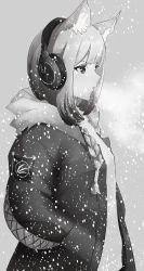 Rule 34 | 1girl, absurdres, animal ear fluff, animal ears, arknights, braid, breath, grey background, greyscale, hands in pockets, headphones, highres, hood, hood down, hooded jacket, implied extra ears, jacket, kjerag logo, long hair, monochrome, open clothes, open jacket, parted lips, ratatos browntail (arknights), simple background, snowing, solo, squirrel ears, squirrel girl, upper body, yan kodiac