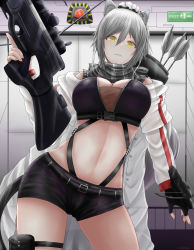 Rule 34 | 1girl, animal ear fluff, animal ears, archstreal, arknights, arrow (projectile), bare shoulders, belt, black belt, black gloves, black scarf, black shirt, black shorts, bow (weapon), breasts, buckle, cat ears, cat tail, cleavage, closed mouth, commentary request, cowboy shot, crop top, crossbow, ear piercing, earpiece, exit sign, fingerless gloves, gloves, hair between eyes, highres, holding, holding bow (weapon), holding crossbow, holding weapon, indoors, jacket, large breasts, long hair, long sleeves, looking at viewer, midriff, navel, off-shoulder jacket, off shoulder, open clothes, open jacket, piercing, ponytail, pouch, quiver, scarf, schwarz (arknights), see-through, shirt, short shorts, shorts, sidelocks, silver hair, sleeveless, sleeveless shirt, snap-fit buckle, solo, standing, tail, thigh pouch, underbust, weapon, yellow eyes